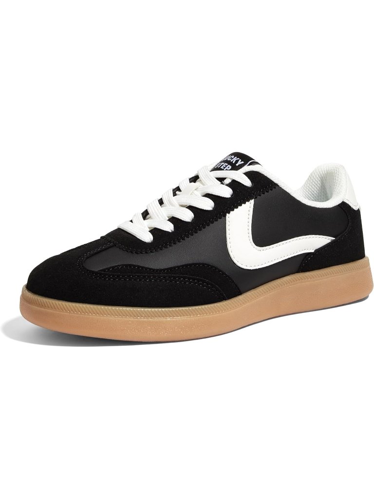Women's Black Faux Leather Non Slip Round Toe Flat Heel Classic Sneaker